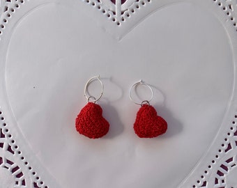 Puffy Heart Crochet Sterling Silver Hoop Earrings,  Valentines Day Earrings, Handmade Earrings, Latina Owned, Valentines Day, Ojitos Alegres
