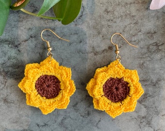 Double Petal Sunflower Crochet Earrings, Boho Earrings, Handmade Earrings, Hippie Earrings, Statement Earrings