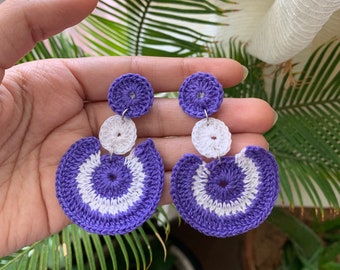 Handmade Crochet Purple Stud Earrings, Boho Earrings, Hippie Earrings, Statement Earrings, Latina Owned, Ojitos Alegres