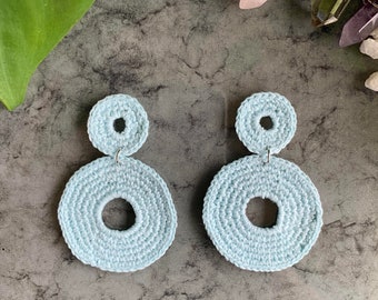Pastel Blue Handmade Crochet Statement Earrings, 60s 70s retro style earrings, Circle round vintage earrings, Latina Owned, Ojitos Alegres