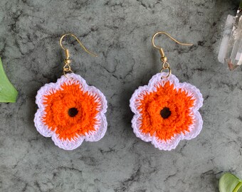 Orange Double Petal Crochet Flower, Mexican Earrings, Boho Earrings, Handmade Earrings, Hippie Earrings, Statement Earrings