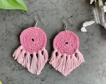 Pink Fringe 'Cascada" Crochet Earrings, Mexican Earrings, Boho Earrings, Handmade Earrings, Hippie Earrings, Statement Earrings