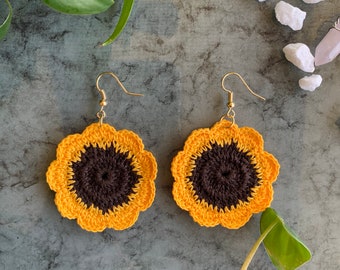 Sunflower Crochet Earrings, Boho Earrings, Handmade Earrings, Hippie Earrings, Statement Earrings