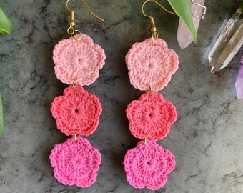 Boho Dangling Pink Flower Earrings, Boho Earrings, Handmade Earrings, Hippie Earrings, Statement Earrings, Ojitos Alegres