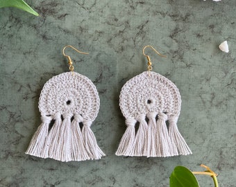 Light Grey Semi Circle Crochet Earrings, Boho Earrings, Handmade Earrings, Hippie Earrings, Statement Earrings
