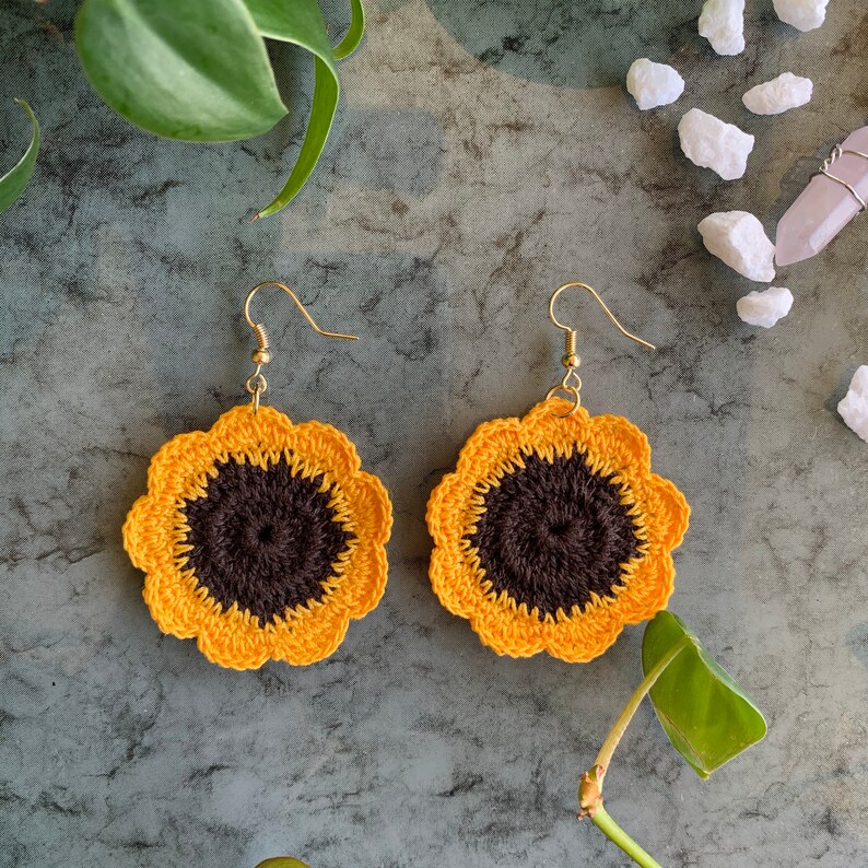 Sunflower Crochet Earrings, Boho Earrings, Handmade Earrings, Hippie