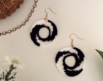 Cow Print Crochet Half Circle Earrings, Handmade Crochet Earrings, , Latina Owned, Ojitos Alegres, Circle round vintage earrings