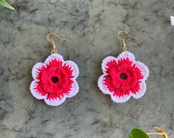 Hot Pink Double Petal Crochet Flower, Mexican Earrings, Boho Earrings, Handmade Earrings, Hippie Earrings, Statement Earrings