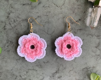 Pink Double Petal Crochet Flower, Mexican Earrings, Boho Earrings, Handmade Earrings, Hippie Earrings, Statement Earrings
