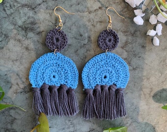 Blue Tiered Semi-Circle Crochet Earrings, Boho Earrings, Handmade Earrings, Hippie Earrings, Statement Earrings