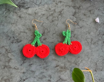 Bright Red Cherry Crochet Earrings, Boho Earrings, Handmade Earrings, Hippie Earrings, Statement Earrings