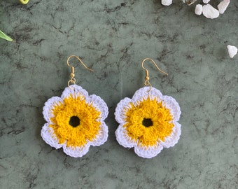 Yellow Double Petal Crochet Flower, Mexican Earrings, Boho Earrings, Handmade Earrings, Hippie Earrings, Statement Earrings