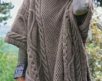Ladies Long Cable Poncho Knitting Pattern (one size)