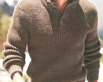Mens Button Neck Sweater Knitting Pattern (S to XXL)
