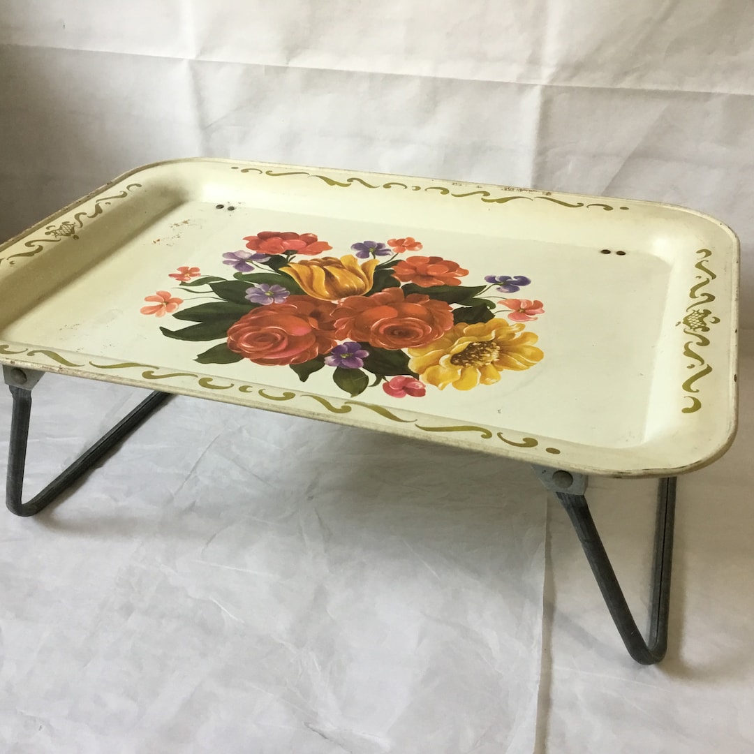 Vintage Metal Lap Tray Bed TV Folding Legs Floral Design MCM Etsy