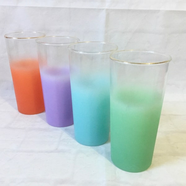 Vintage Blendo Frosted Tumblers Glass Pastels Gold Rims 7 in Set 4 Cocktail MCM WVG