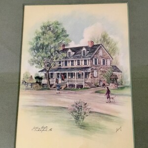 Vintage Colored Pencil Drawing Jolly Post Frankford PA Early American Inn Lang Framed Matted Lithograph Art