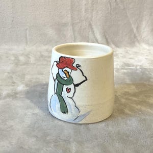 Signed Art Studio Pottery Mug: Hand Thrown Snowman Coffee Cup