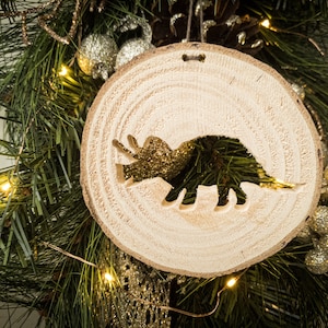 Triceratops Ornament, Handmade Wooden Ornament, Rustic Decoration, Dinosaur Keepsake, Gift Idea for Child, Recycled Christmas Tree