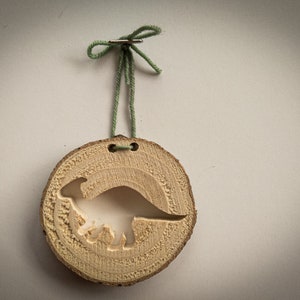 Parasaurolophus Ornament, Handmade Wooden Ornament, Rustic Decoration, Dinosaur Keepsake, Gift Idea for Child, Recycled Christmas Tree