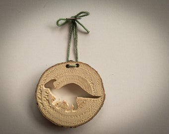 Ornamento Parasaurolophus, Ornamento in legno fatto a mano, Decorazione rustica, Ricordo di dinosauro, Idea regalo per bambino, Albero di Natale riciclato