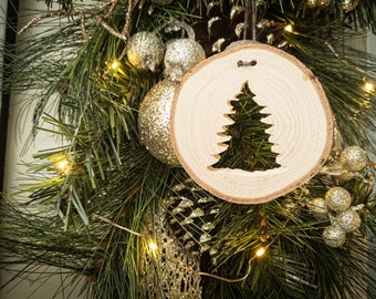 Pine Tree Ornament, Handmade Wooden Ornament, Rustic Decoration, Name Keepsake, Cabin Decor, Gift for Friend, Recycled Christmas Tree
