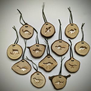 12 Days of Dinosaurs Ornaments, Handmade Wooden Ornament, Rustic Decoration, Dinosaur Keepsake, Gift Idea for Child, Recycled Christmas Tree
