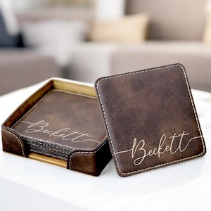 Ensemble de sous-bocks personnalisés avec nom, sous-bocks gravés, sous-bocks en similicuir personnalisés, cadeau personnalisé pour couple, cadeau de 3e anniversaire