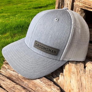 Groomsman Trucker Hat Custom Wedding Hat Groomsman Accessories Adjustable Snapback Cap Groomsmen Leather Patch Hat for Wedding Party Gifts
