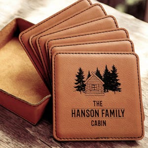 Cabin Decor Personalized Coaster Set - Engraved Cabin Coasters, Custom Housewarming Gift, Family Cabin Gift, Personalized Cabin Coasters