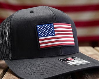 Gorra de camionero Richardson 112 con bandera estadounidense, gorra patriótica ajustable con cierre a presión