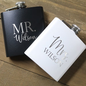 Mr. and Mrs. Flask Set, Bride and Groom Flask Set, Couples Flask Set, His and Hers Flasks, Personalized Flasks, 6oz Stainless Steel Flasks