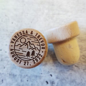 Personalized Outdoor Wedding Theme Favors, Wine Cork Wedding Favors, Engraved Wood Wine Stoppers, Mountain Wedding Favors, Adventure Wedding