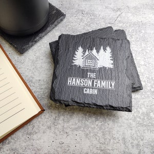Cabin Slate Coasters Set of 4, Family Cabin Slate Coasters, Personalized Stone Coasters, Custom Printed Coasters, Custom Cabin Coasters