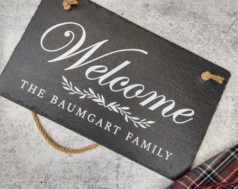 Personalized Slate Welcome House Sign, Family Name Hanging Slate Sign, Custom Indoor Outdoor Cabin House Sign to Welcome Guests, Rustic Sign