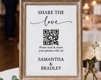 Plantilla de Canva para letrero con código QR de boda "Comparte tu amor", letrero imprimible para compartir fotos de invitados, plantilla para escanear para compartir fotos en varios tamaños