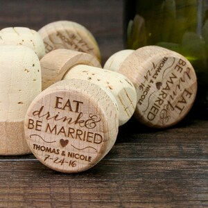 Bulk Personalized Wine Stopper,  Engraved Wood Cork, Wedding Favors, Wedding Gift, T-Corks, Eat Drink and Be Married, Customized Wine Corks