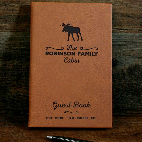 Personalized Leather Lodge Guest Book, Engraved Lined Journal, Customized Gift Notebook, Leatherette Welcome Visitor, Rustic Cabin Decor