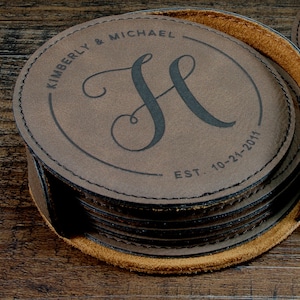Monogrammed Leather Coasters Set, Couples Gift Perfect for Wedding Gifts and 3rd Anniversary Gift, Personalized Coaster Home Decor,