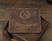 Personalized Coasters, 3rd Anniversary Gift, Leather Coasters, Custom Coasters, Custom Engraved Coasters, Personalized Family Name Gift