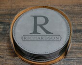 Monogrammed Leather Coaster Set, Customized Coasters, Family Name Gift, Engraved Coasters, Personalized Engraved Gift, Father 39 s Day Gift