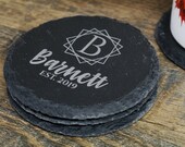Round Slate Coasters with Family Name, Set of 4 Monogrammed Slate Coasters, Engraved Slate Coasters, Custom Coasters, Stone Coasters