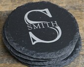 Monogrammed Slate Coasters with Family Name, Set of 4, Personalized Slate Coasters, Engraved Slate Coasters, Custom Coasters, Stone Coasters