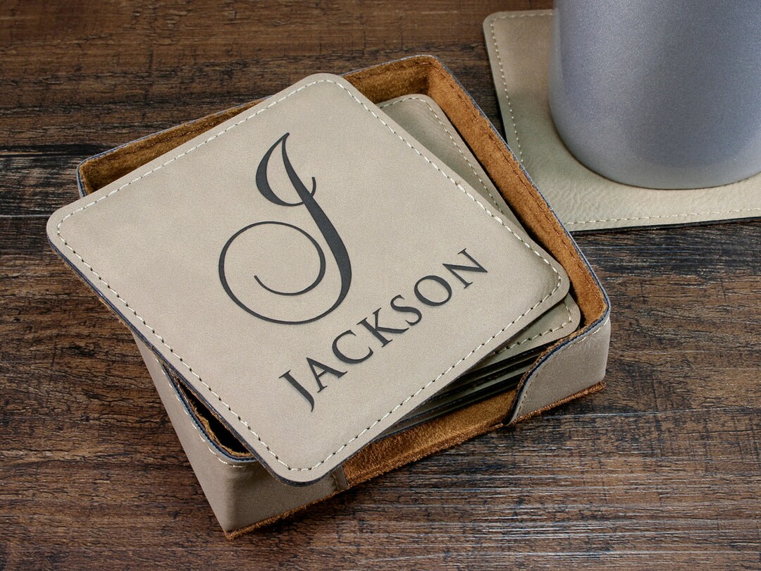 Monogrammed Leather Coaster Set, Personalized Coasters, Leather