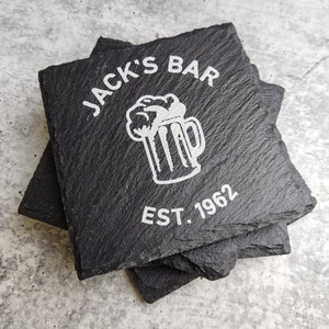 Personalized Bar Coasters Set of 4, Customized Slate Coasters for Bar, Monogrammed Coasters, Custom Printed Coasters, Stone Coasters, Round