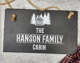 Customizable Slate Cabin Sign with UV Ink Personalization | The UV Printed Family Name is Personalized with Yours | Rustic Home Decor
