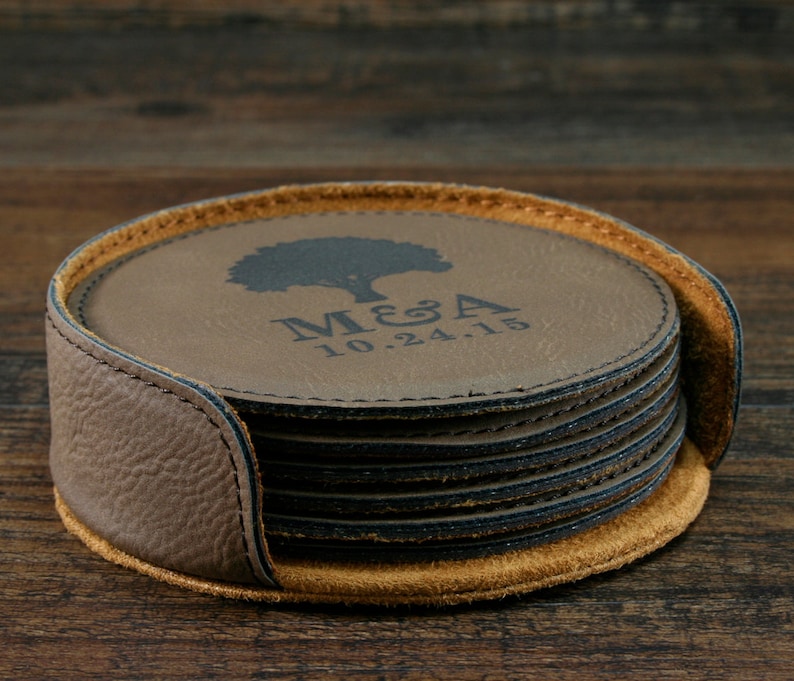 Personalized Leather Coaster Set Customized Round Leather Etsy
