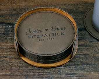 Personalized Leather Coasters, Engraved Coaster set, Custom Coasters, Personalized Couples Gift, Home Decor, Family Name Gift, Wedding Gift