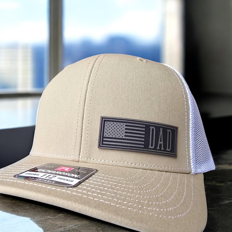 Chapeau papa avec drapeau américain, chapeaux drapeau américain personnalisés, chapeau de camionneur avec monogramme, chapeau Richardson 112 patch en cuir snapback, chapeau de fête des pères image 10
