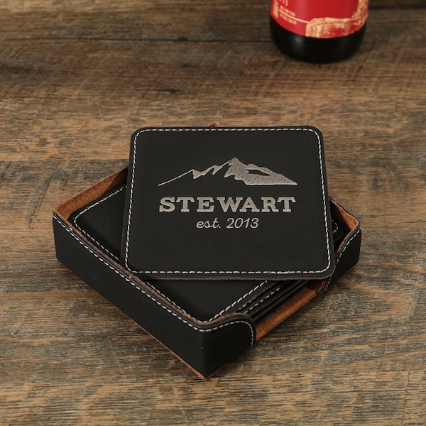 Personalized Mountain Coaster Set, Custom Coasters, Mountain Decor, Engraved Coasters, Personalized Wedding Gift, Rustic Home Decor